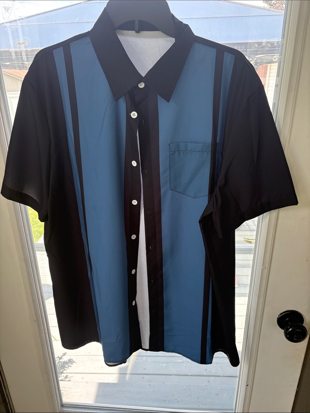 Men's Short-Sleeve Button-Down Shirt in Blue and Black